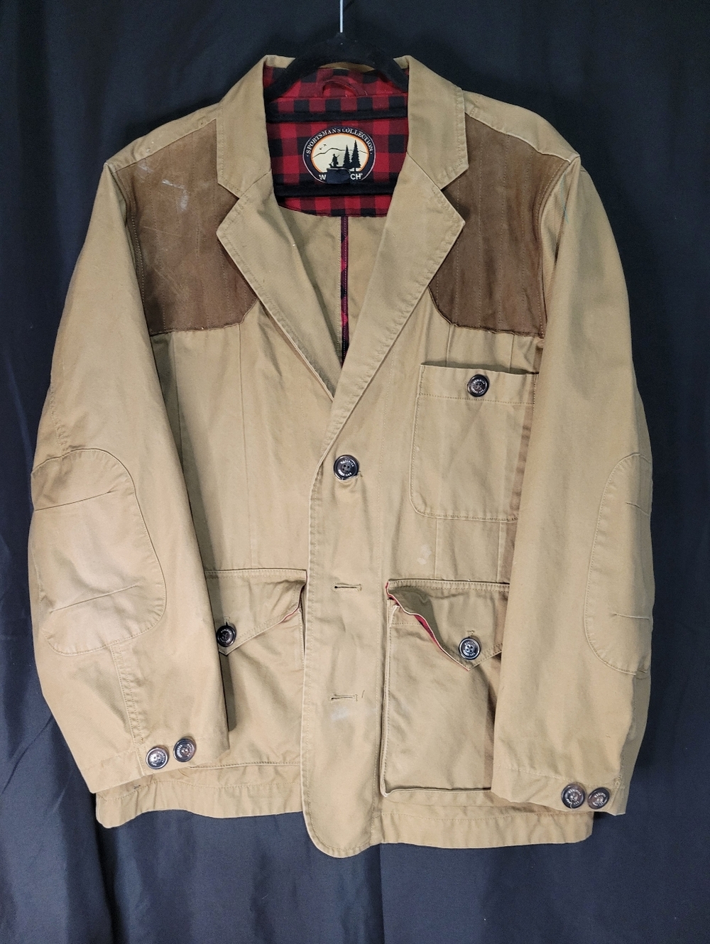 Woolrich Tan Field Jacket with Brown Suede Shoulders and Red Plaid Lining